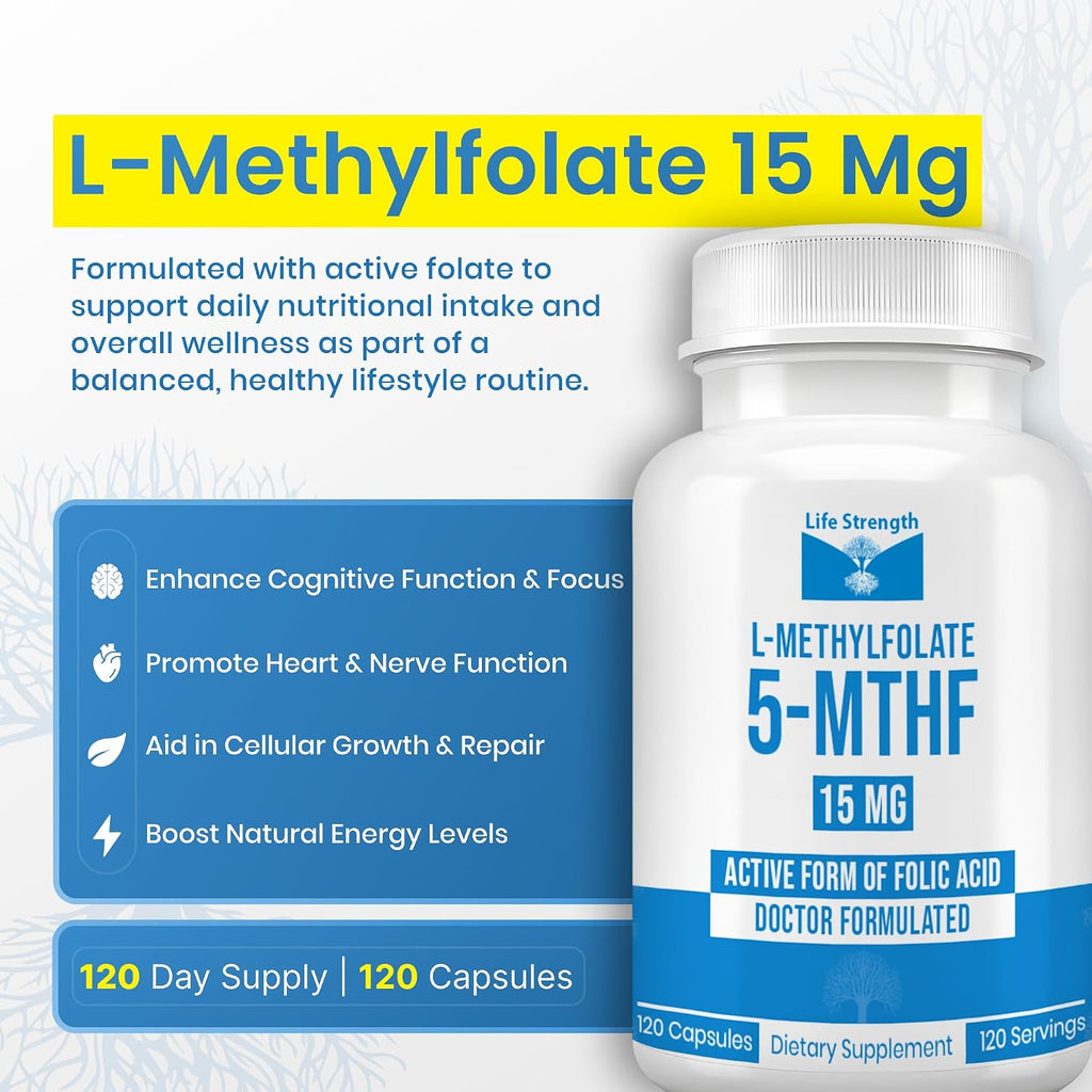 L-Metilfolato 15 mg, 120 cápsulas - Metilfolato altamente biodisponible, complemento alimenticio para ayudar al estado de ánimo y al sistema inmunológico