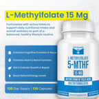 L-Metilfolato 15 mg, 120 cápsulas - Metilfolato altamente biodisponible, complemento alimenticio para ayudar al estado de ánimo y al sistema inmunológico