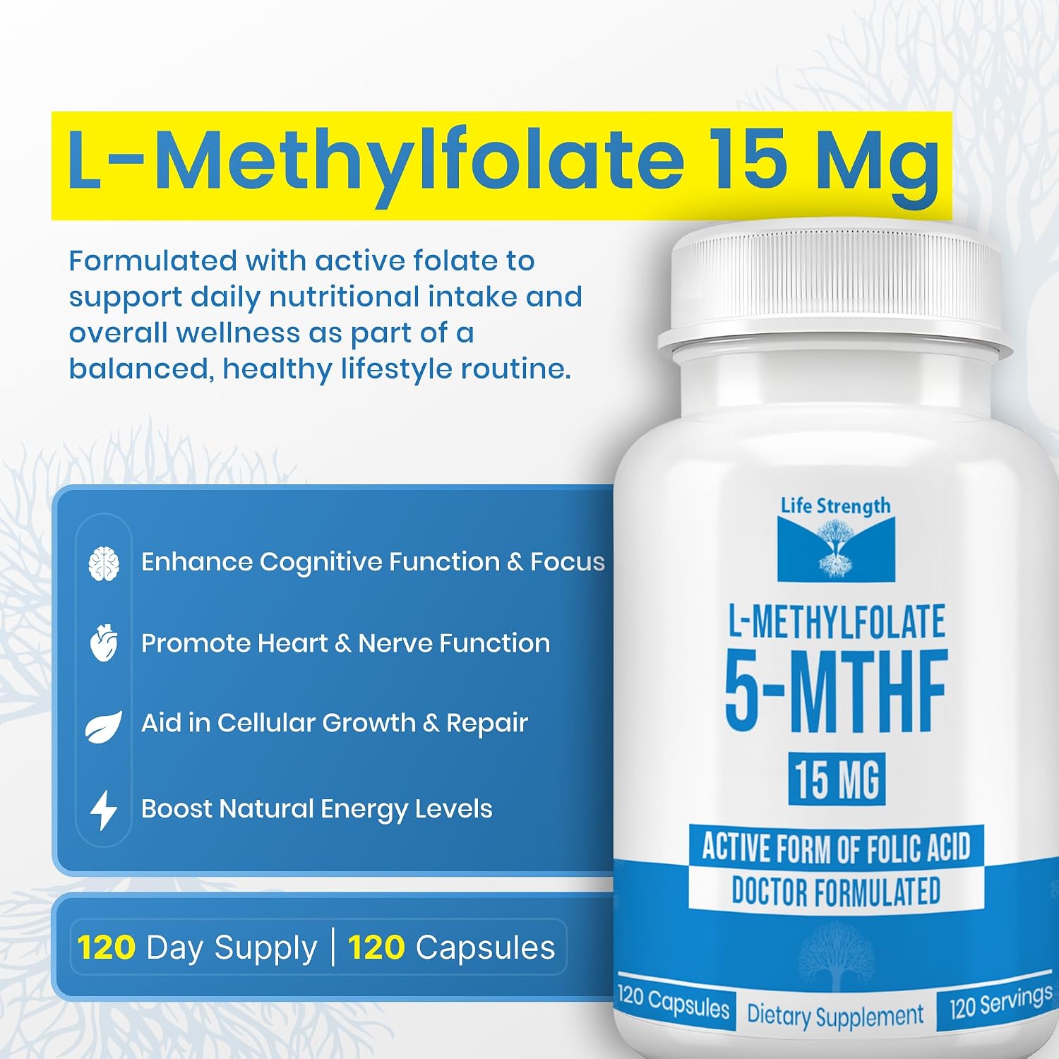 L-Metilfolato 15 mg, 120 cápsulas - Metilfolato altamente biodisponible, complemento alimenticio para ayudar al estado de ánimo y al sistema inmunológico