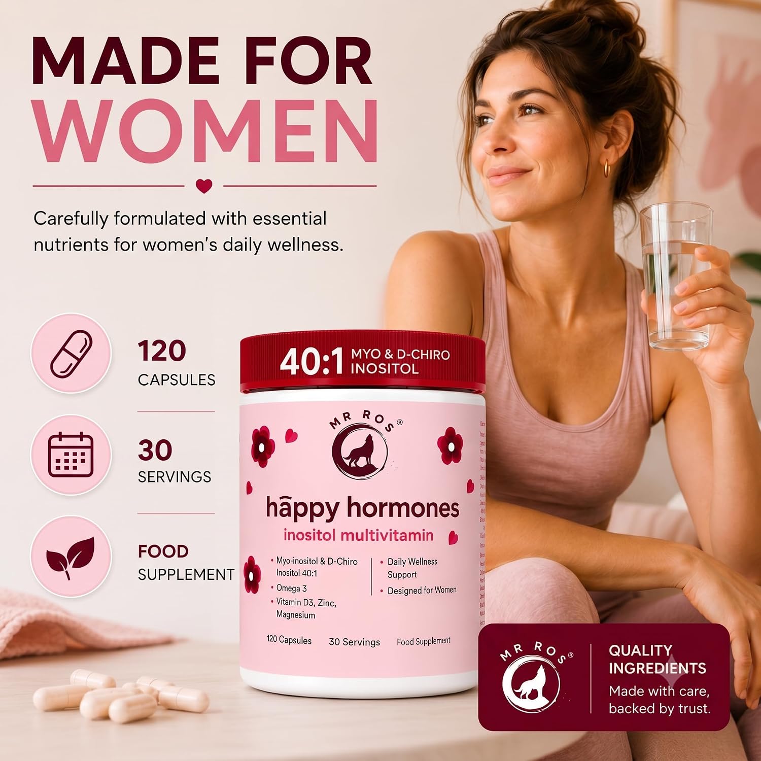 Myo & D-Chiro Inositol 40:1 para Mujeres | 2000mg Myo + 50mg D-Chiro | Omega 3, Magnesio, Zinc & Vitamina D3 | 120 Cápsulas