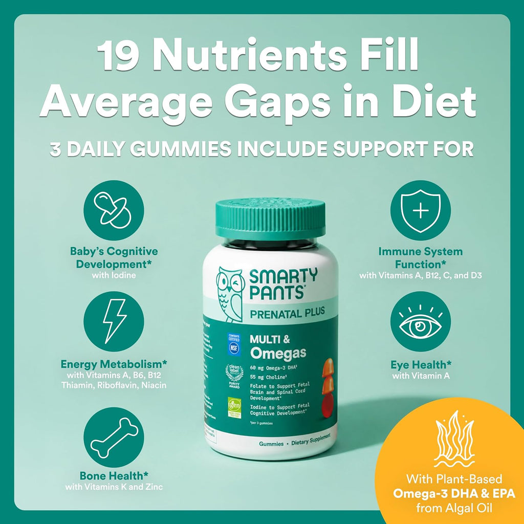 SmartyPants Prenatal Multivitamin Gummies, Omega 3 (DHA/EPA), Metilfolato, Biotina, Vitamina D3, C, Vitamina B12, B6, Vitamina A, K y Zinc, Sin Gluten, 120 Gominolas (40 Días)