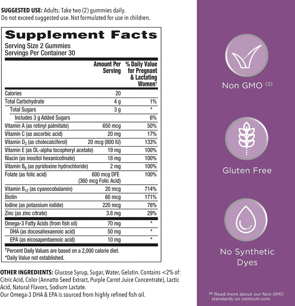 Centrum Prenatal Multivitamin Gummies con DHA y Ácido Fólico - Sabor Arándano Rojo y Naranja - 60 Gominolas