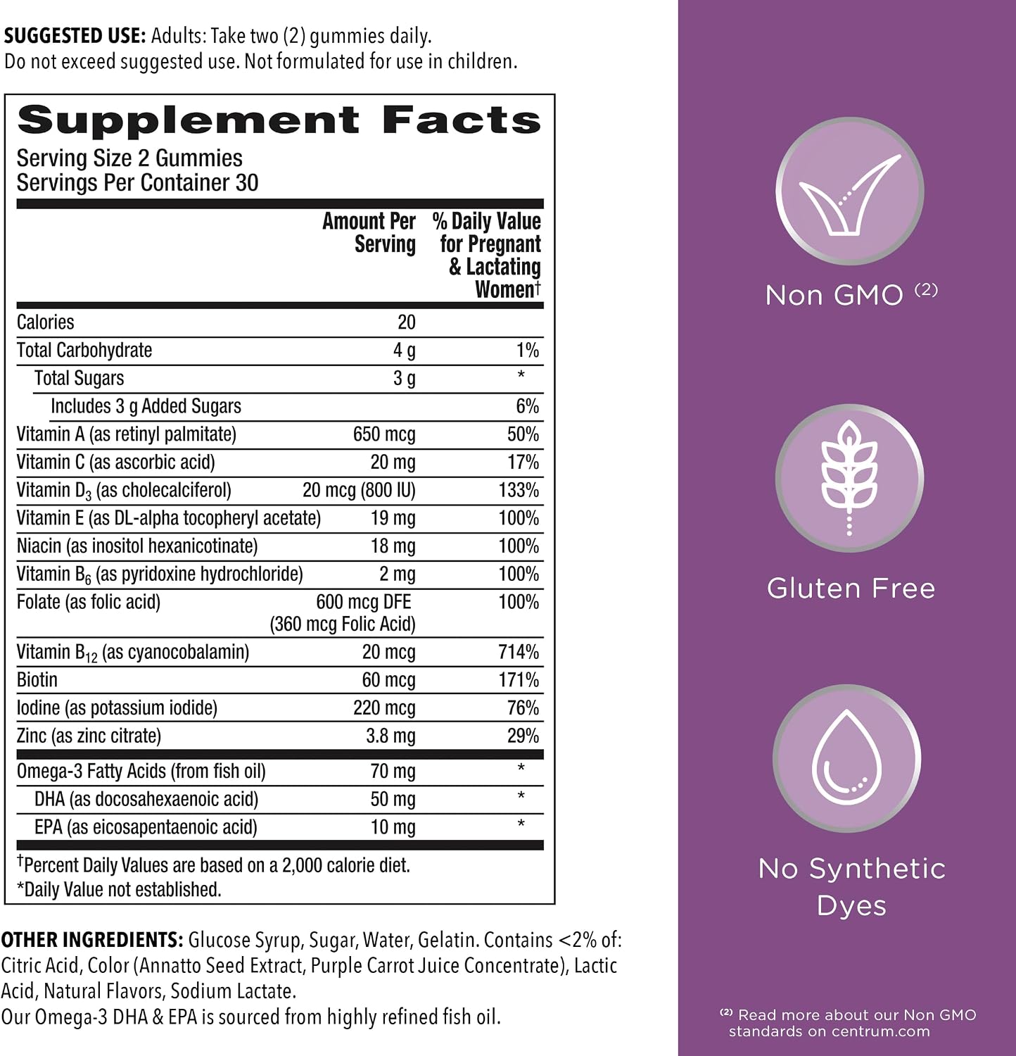 Centrum Prenatal Multivitamin Gummies con DHA y Ácido Fólico - Sabor Arándano Rojo y Naranja - 60 Gominolas