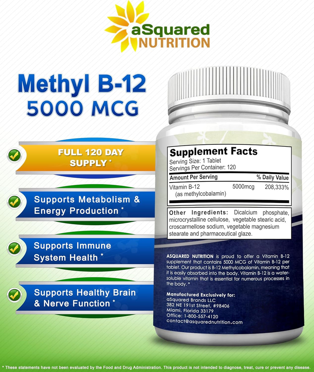 aSquared Nutrition Vitamin B12 5000 mcg with Methylcobalamin - 120 Tablets