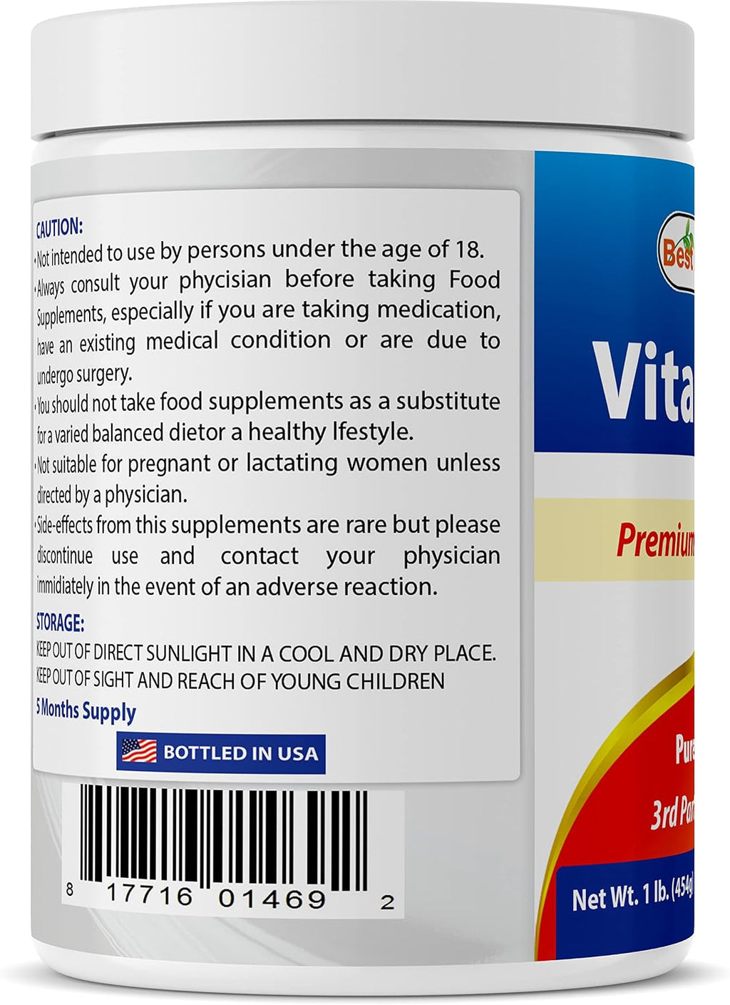 Best Naturals 100% Pure Vitamin C Powder Non-GMO 1 lb (454 g) - Ácido Ascórbico (Paquete de 2)