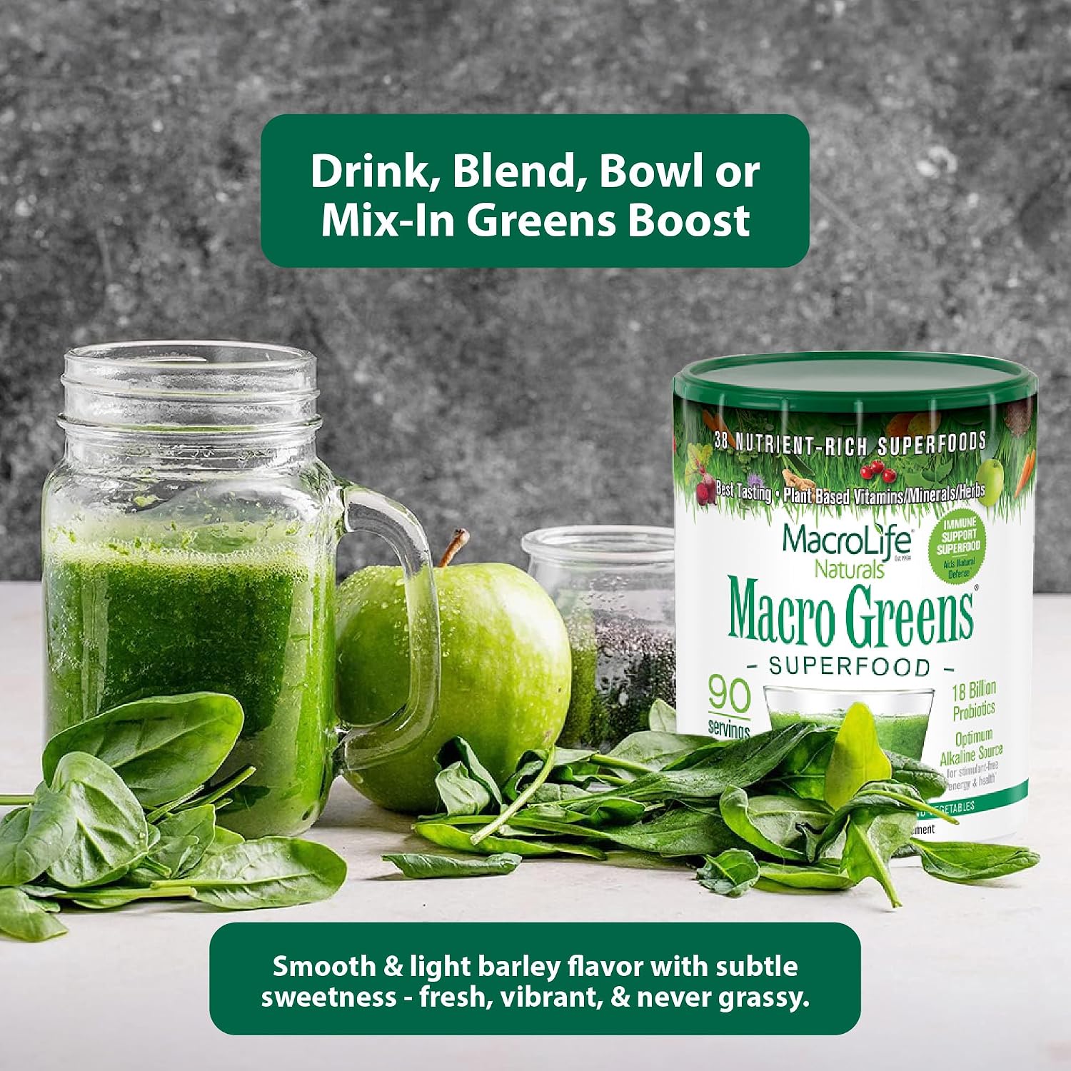 MacroLife Naturals Macro Greens Superfood Powder 30 oz (90 porciones) con 38 superalimentos