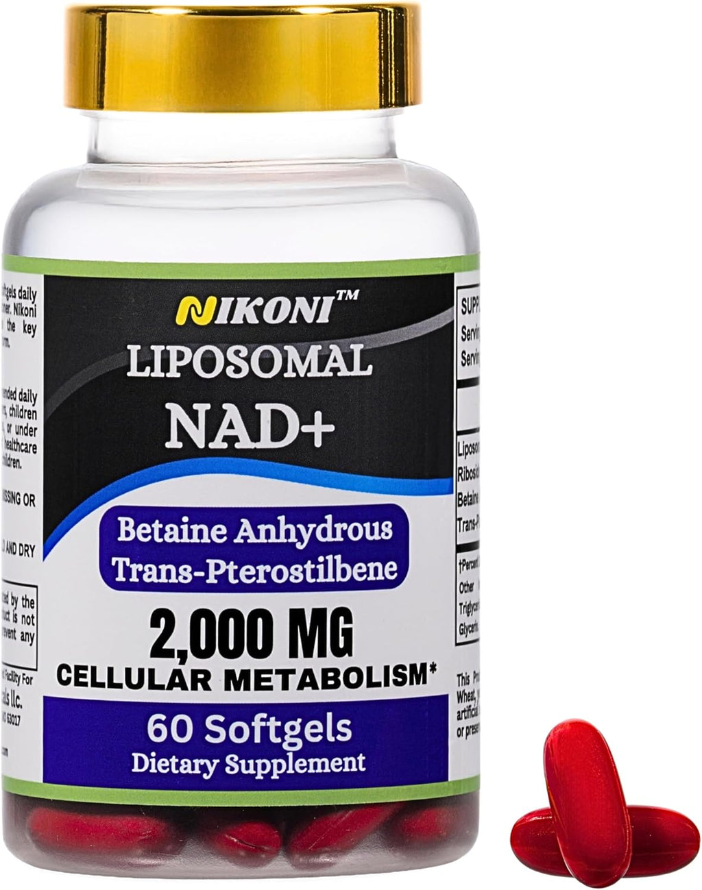 Nikoni Liposomal NAD+ 2000 mg con TMG y Pterostilbeno - 60 Cápsulas Blandas