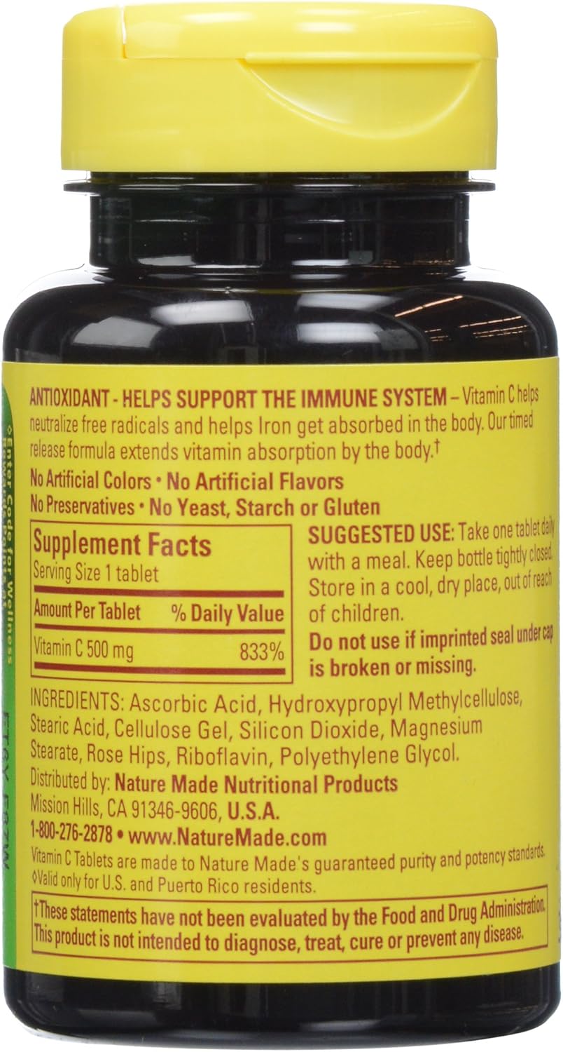Nature Made Vitamina C 500 mg con Escaramujo, Liberación Prolongada – 60 Comprimidos