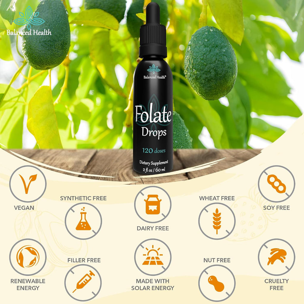 Balanced Health Folate Drops - 120 Servicios, 60ml, Sabor Butterscotch, 500mcg L-5-MTHF (Metilfolato)