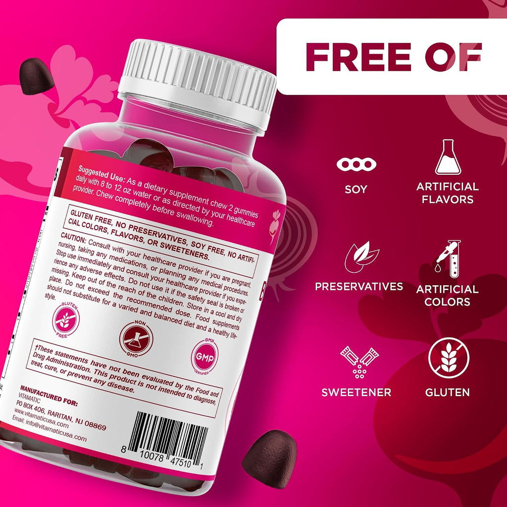 Vitamatic Gominolas de Remolacha con B6, B12, Semilla de Uva, Granada y Niacinamida – 60 Gominolas