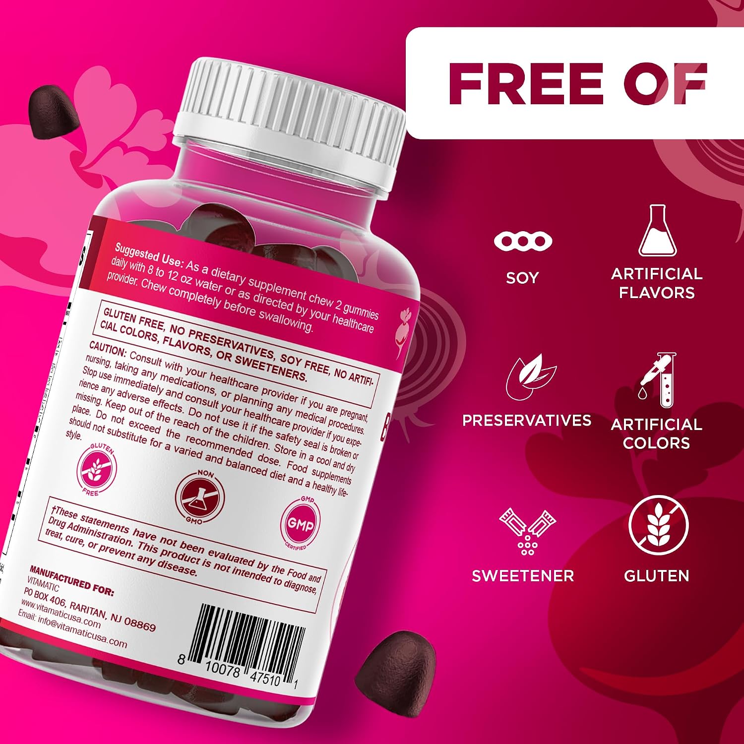 Vitamatic Gominolas de Remolacha con B6, B12, Semilla de Uva, Granada y Niacinamida – 60 Gominolas