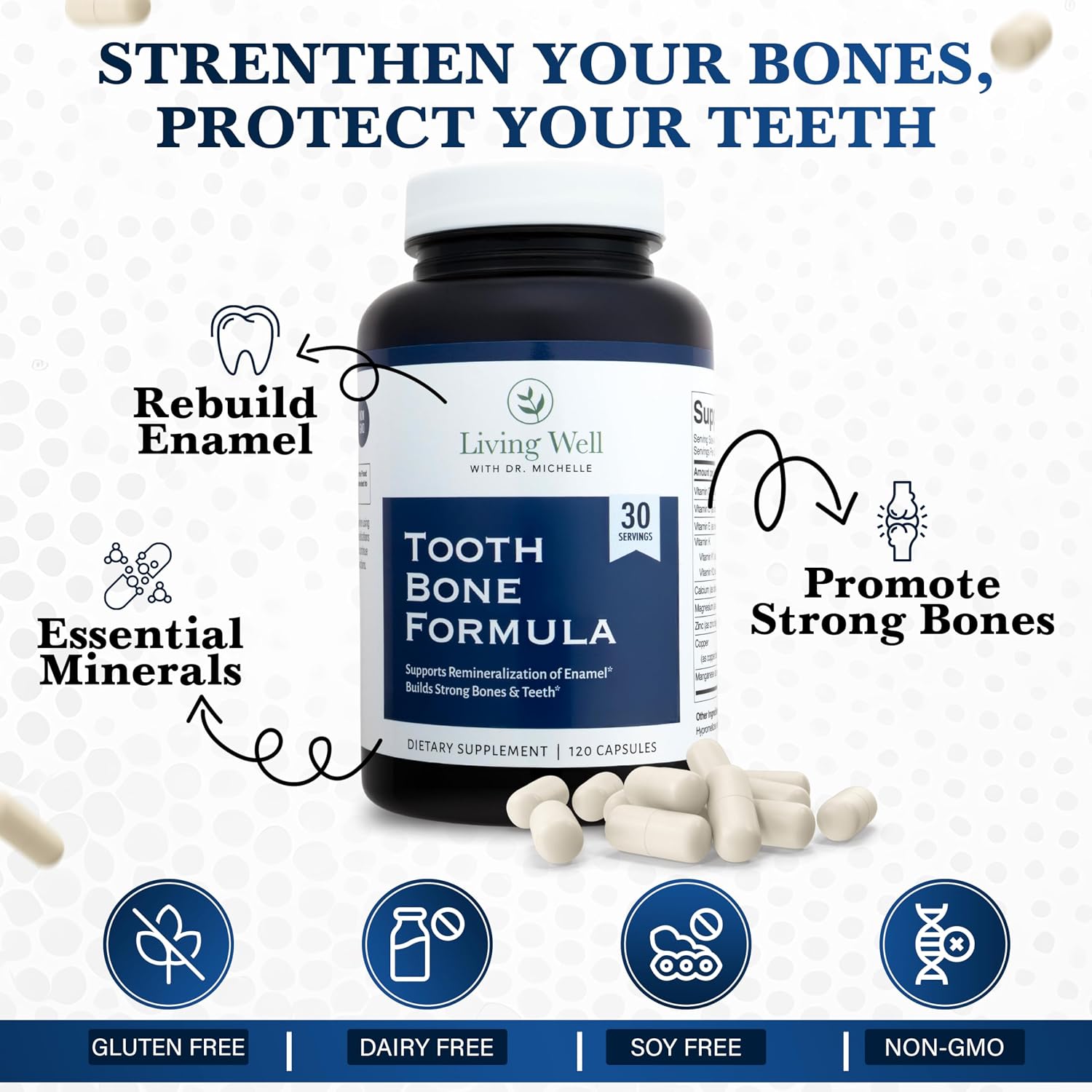 Living Well Dr. Michelle Tooth and Bone Formula con D3, K2 - 120 Cápsulas