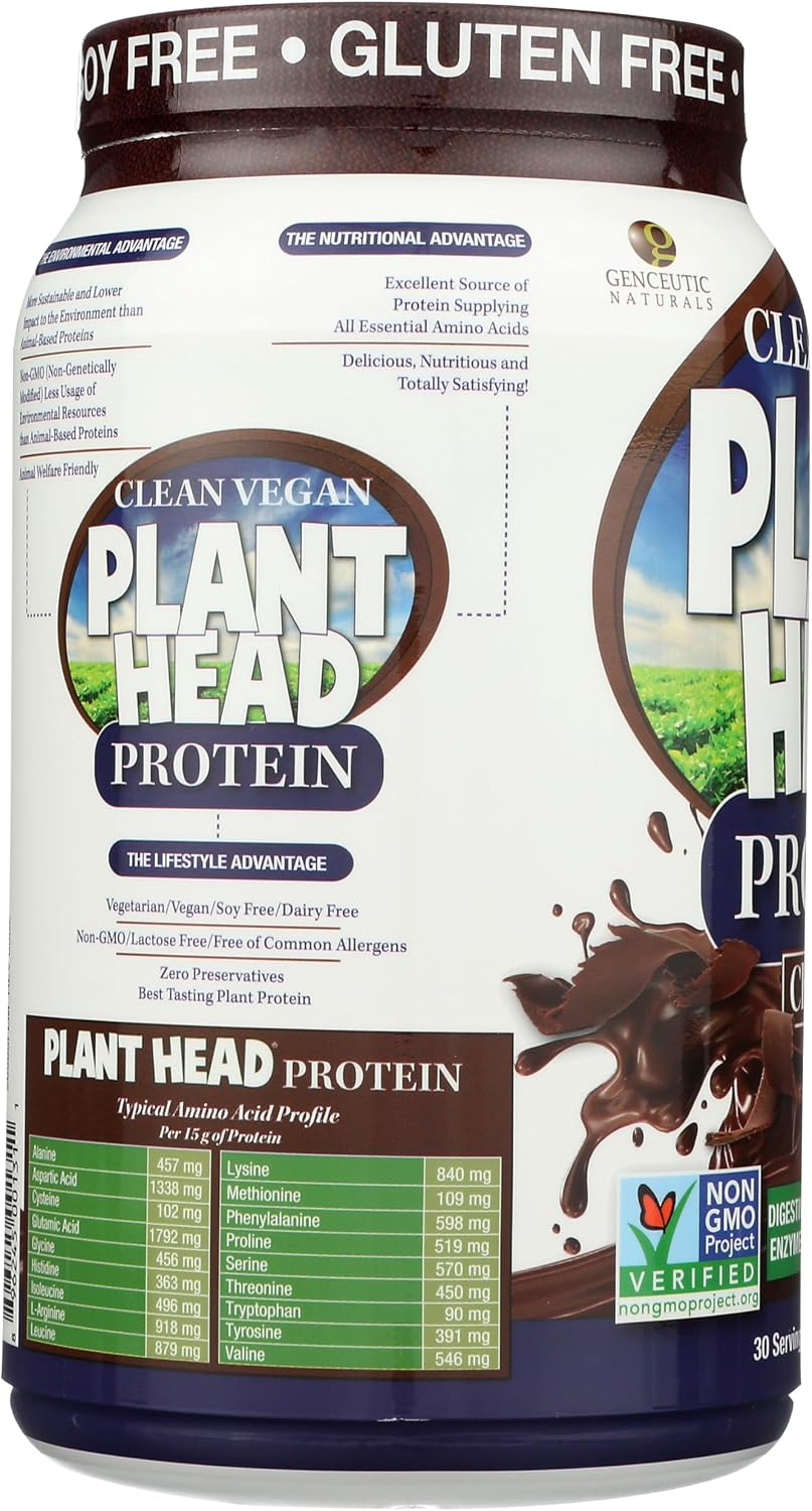 Genceutic Naturals Plant Head Protein - Plant-Based Protein Supplement, Chocolate, 822g