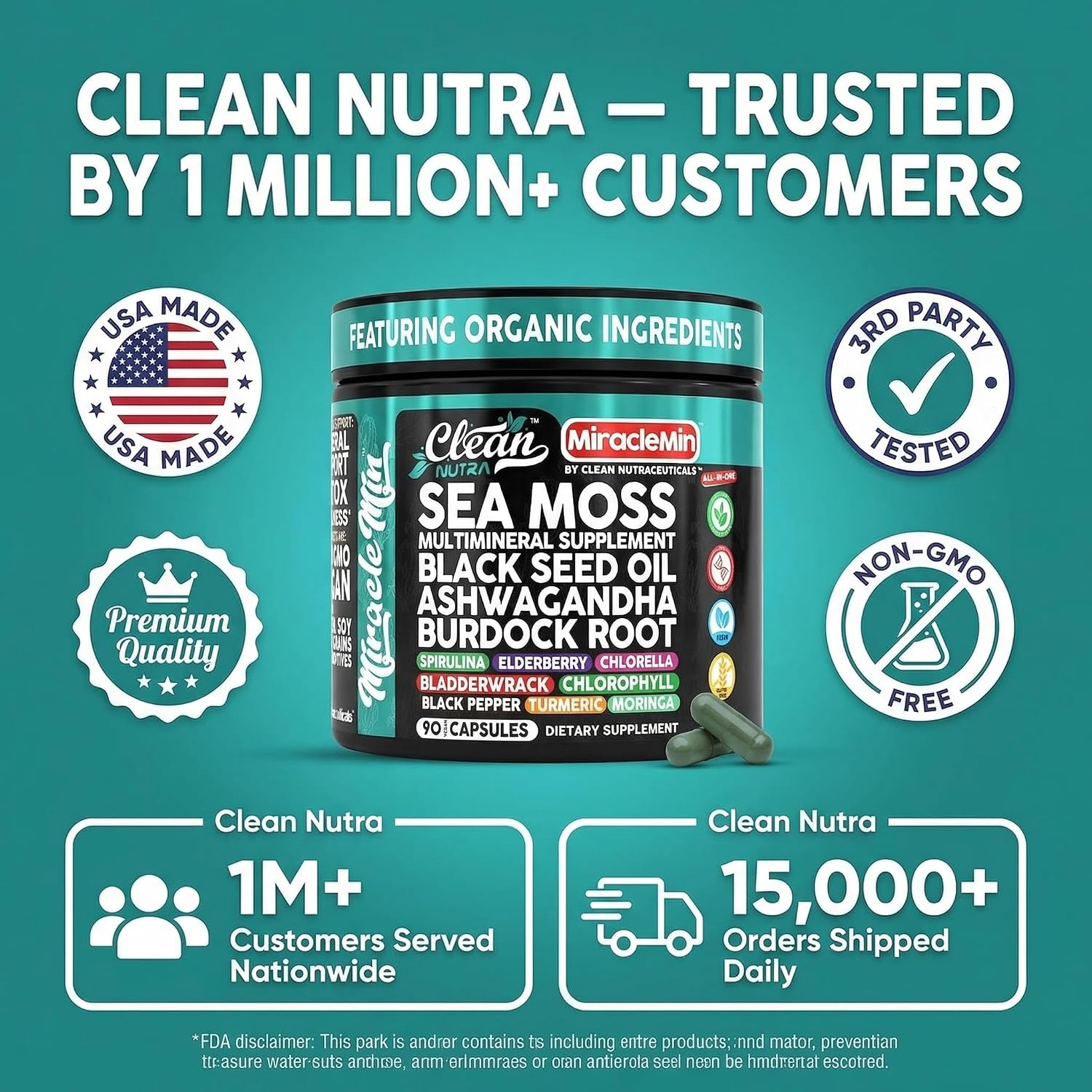 Clean Nutra Cápsulas Orgánicas de Musgo Marino con Ashwagandha, Aceite de Semilla Negra, Raíz de Bardana, Musgo de Vejiga, Moringa, Chlorella, Espirulina, Cúrcuma, Saúco, Amla – 90 Cápsulas Veganas – MiracleMin