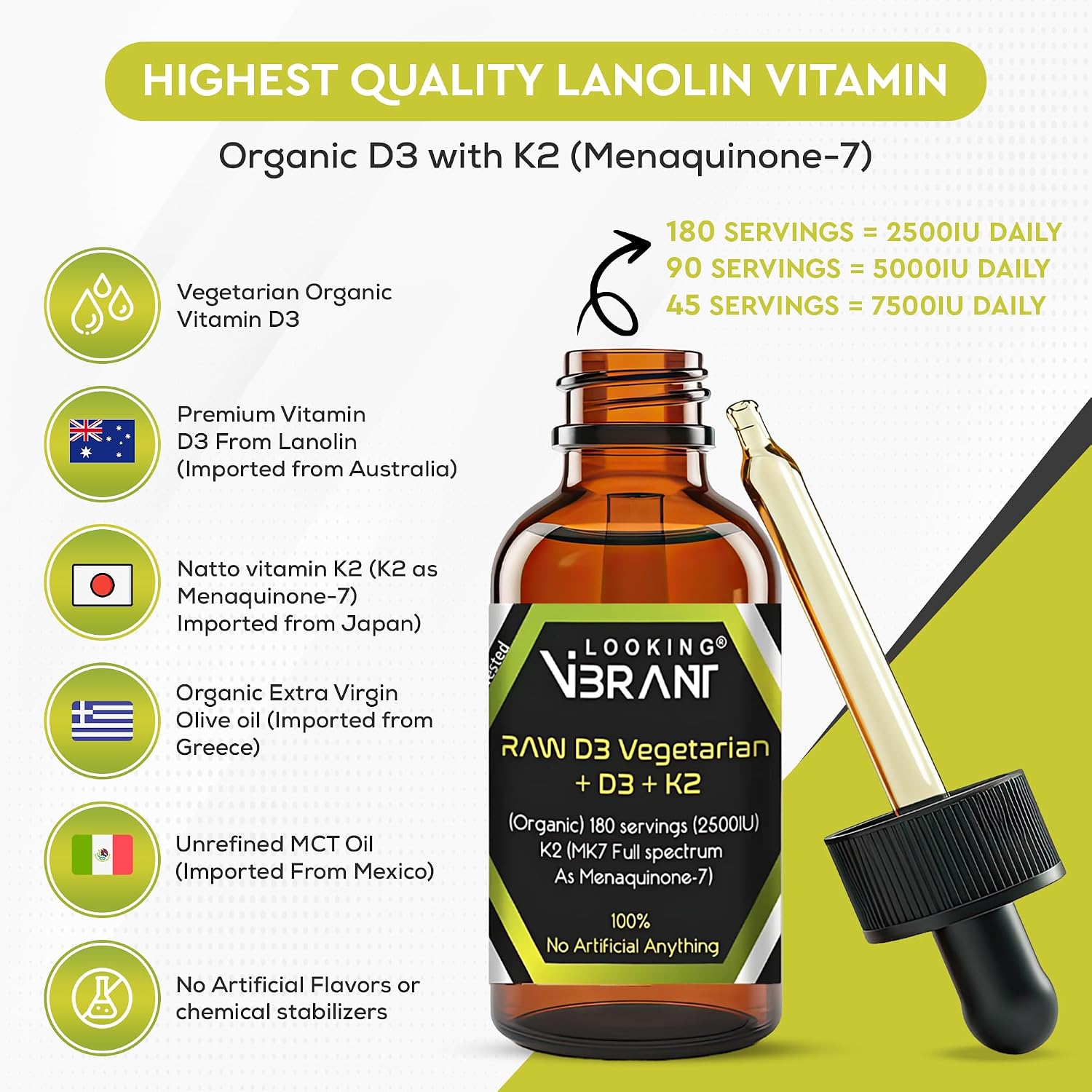 Vitamina D3 + K2 (MK-7) en Gotas Líquidas con Aceite MCT y Aceite de Oliva - Vegetariano, No-GMO, Sin Soja, Sin Gluten, Sin Alcohol, 1 Frasco, 60 ml - 180 Dosis (2500 UI por Dosis)