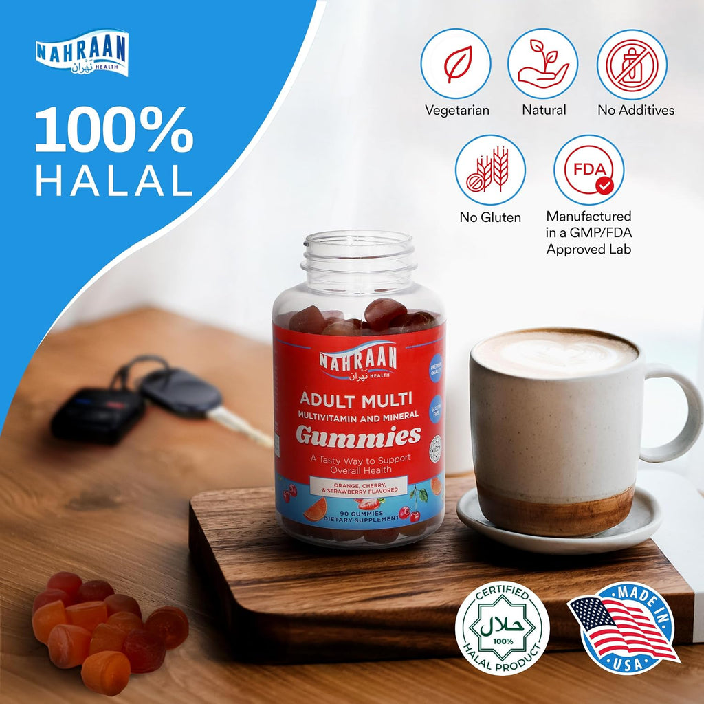 NAHRAAN HEALTH Multivitamínico Halal para Adultos - Gominolas Veganas con Vitaminas A, C, D, E, B6, B12 - 90 unidades