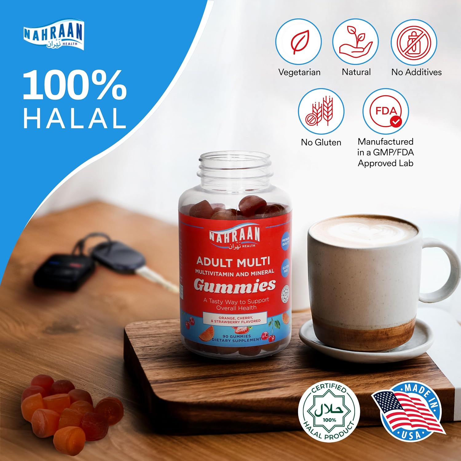 NAHRAAN HEALTH Multivitamínico Halal para Adultos - Gominolas Veganas con Vitaminas A, C, D, E, B6, B12 - 90 unidades