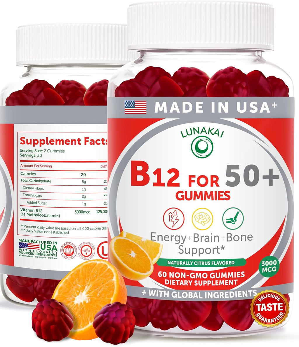 Gominolas de Vitamina B12 para Adultos 50+ | Lunakai | 3000 mcg Metilcobalamina | Sabor Cítrico | 60 Unidades