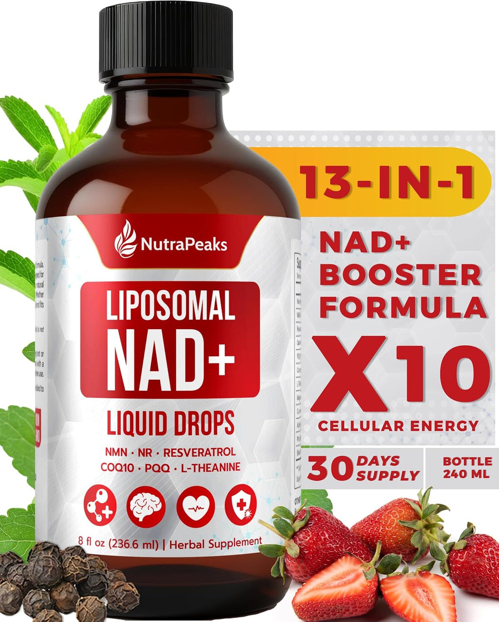 NutraPeaks NAD+ Complex Líquido - 1000mg con Nicotinamida Ribósido, NMN, Resveratrol, PQQ - 30 Stick Packs Sabor Berry