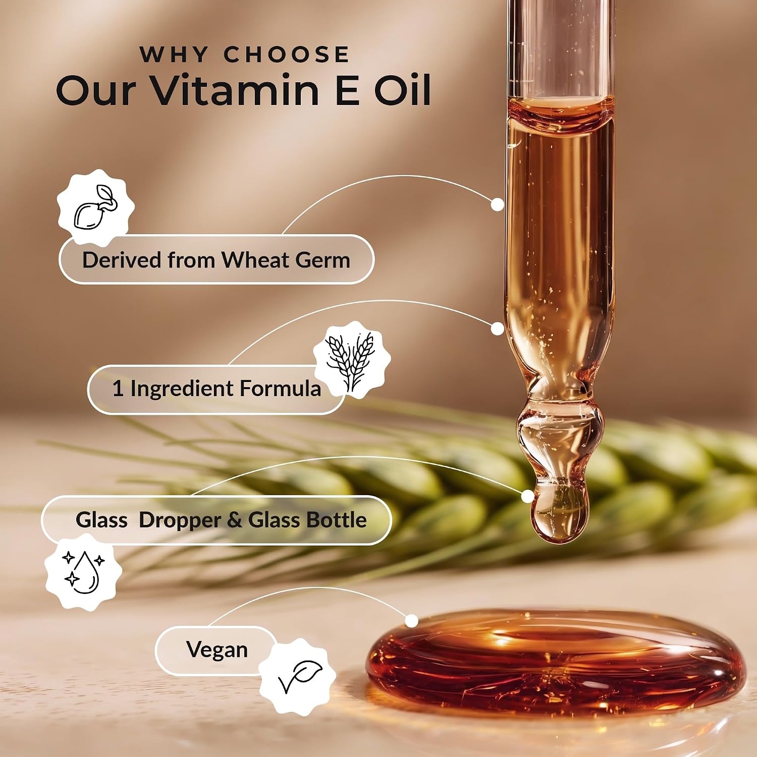 Ultra Pure Vitamin E Oil – 100% Natural D-Alpha Tocopherol from Wheat Germ – Thick Amber Oil, Not a Blend – Glass Bottle & Dropper
