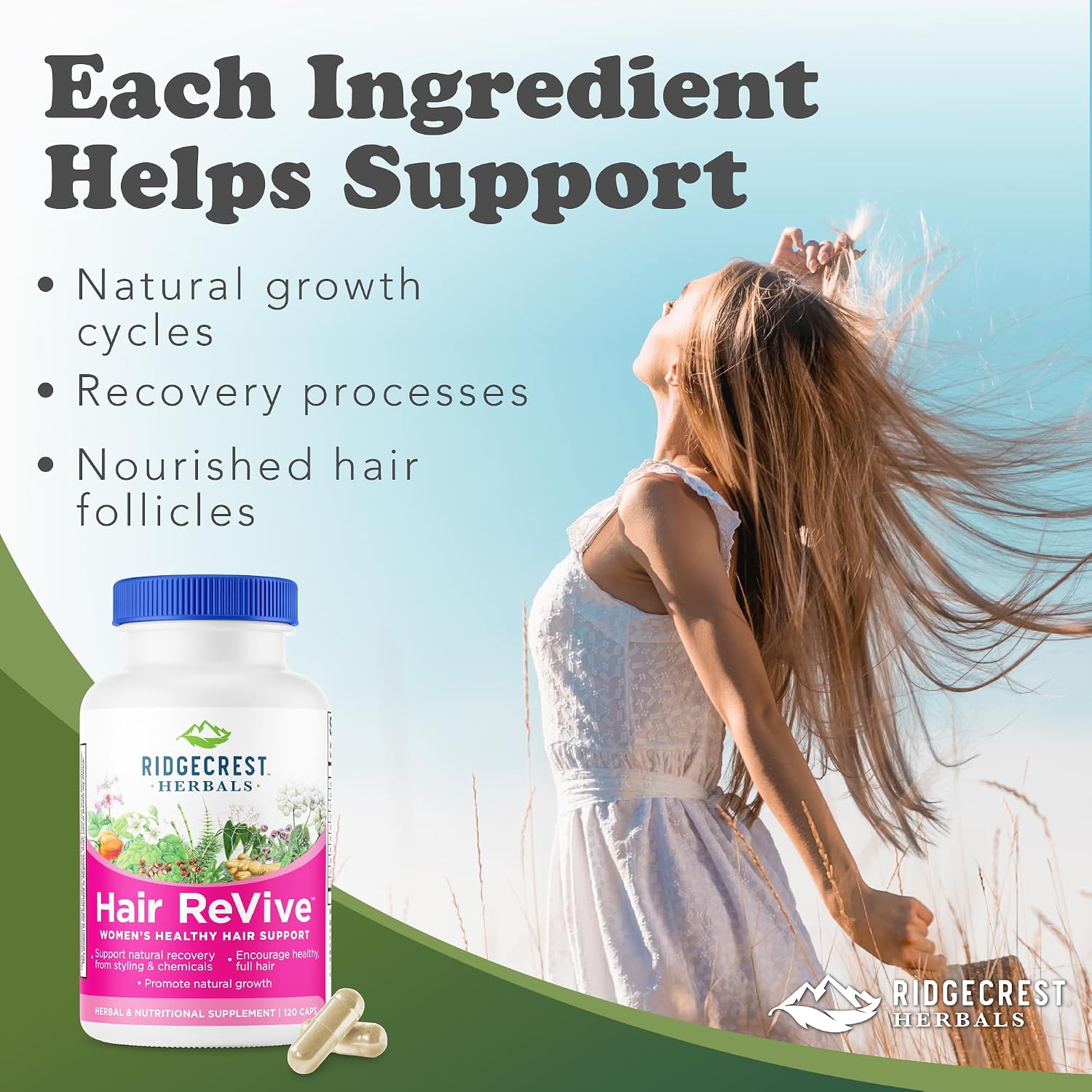 RidgeCrest Herbals Hair ReVive - Complemento Capilar con Biotina, Zinc y Cobre (120 Cápsulas, 30 Dosis)