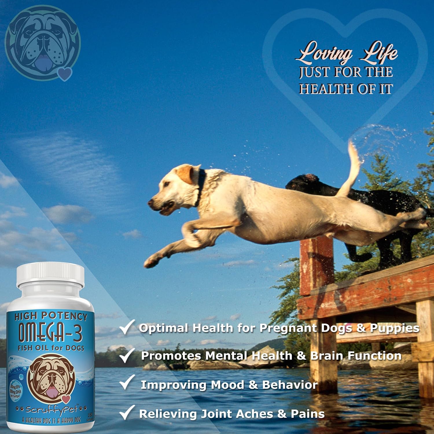 ScruffyPet Aceite de Pescado Salvaje Omega 3 Puro para Perros con Vitamina E - 1000mg, 180 Cápsulas Blandas