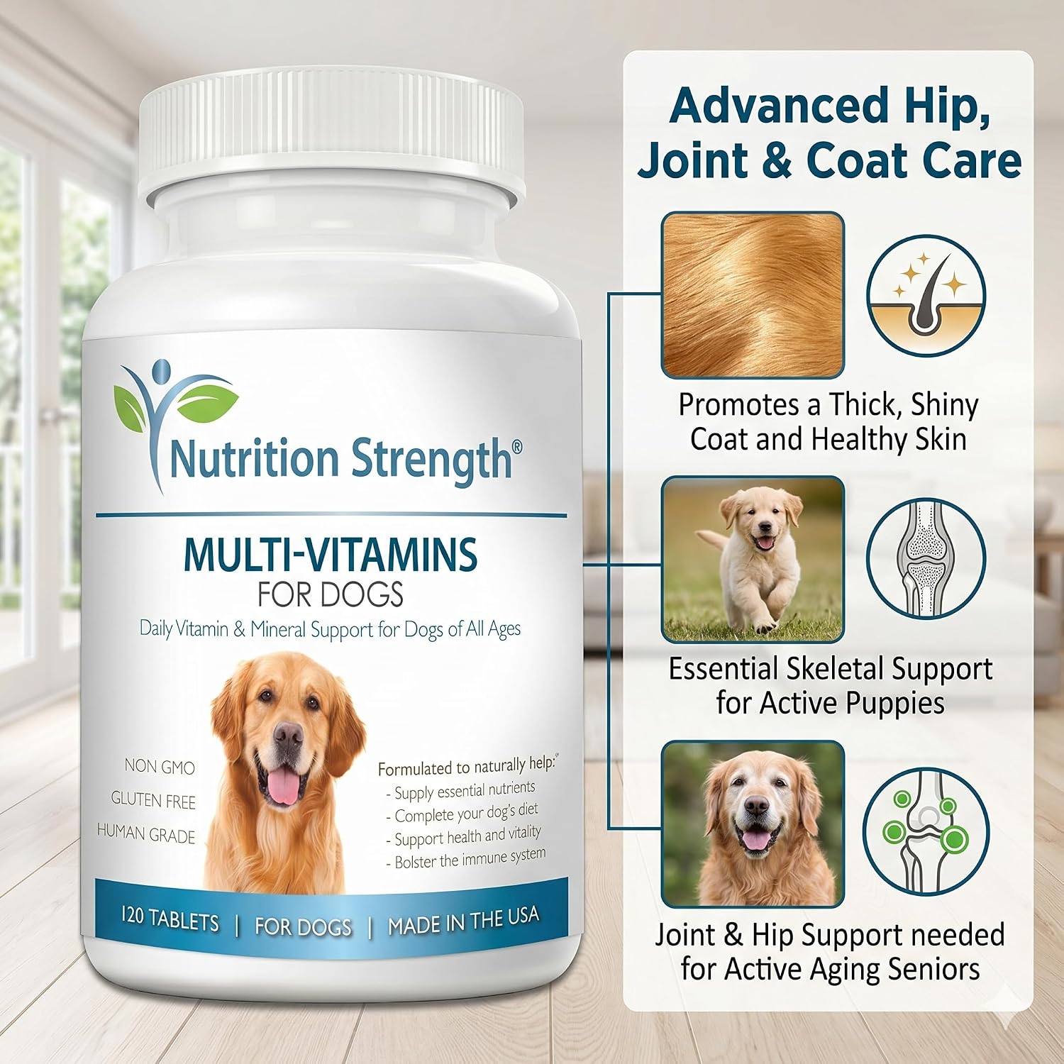 Multivitamínicos para perros, apoyo vitamínico y mineral diario, suplemento nutricional para todas las razas y tamaños, promueve la salud inmunológica, 120 comprimidos masticables
