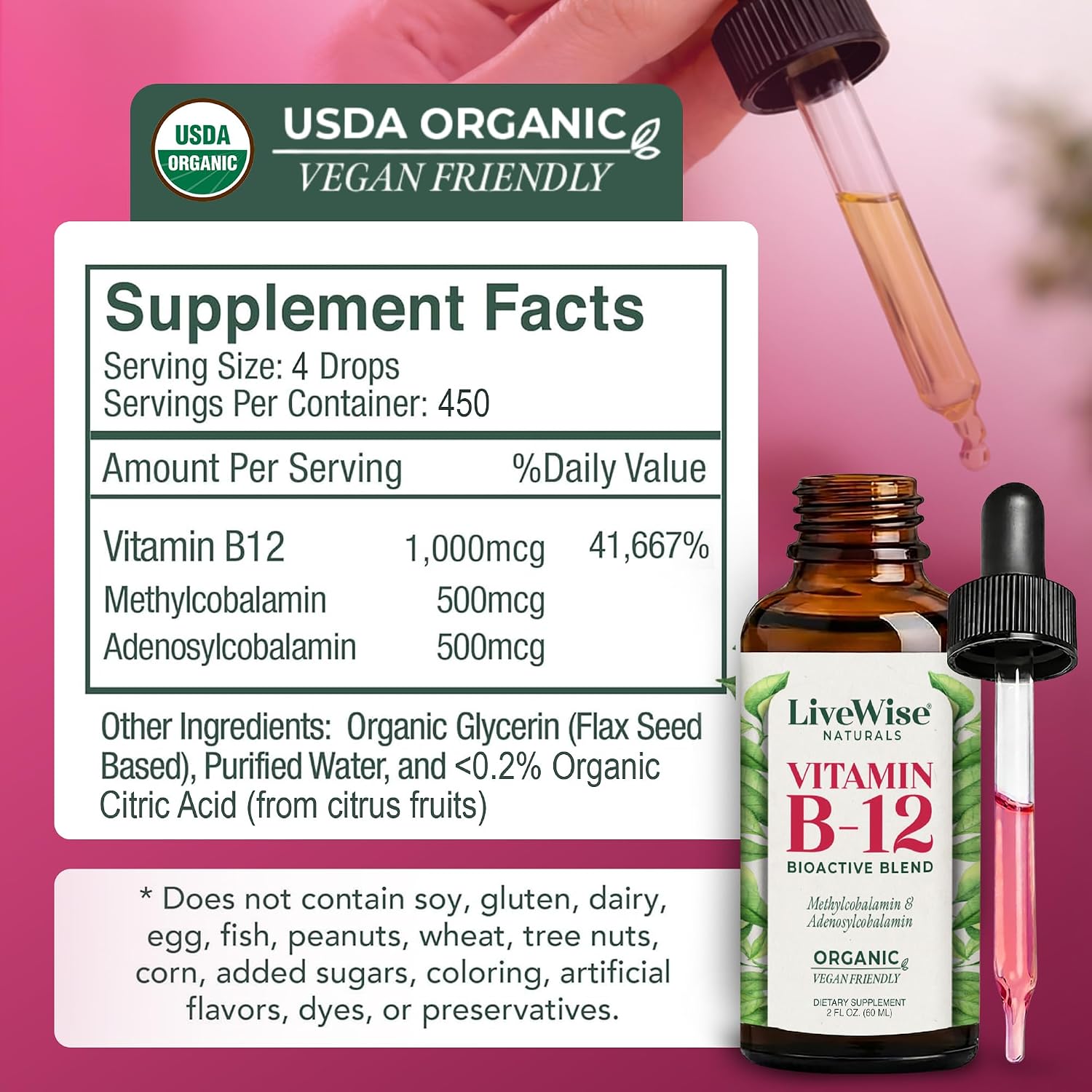 Vitamin B12 1000 mcg Organic Liquid Sublingual - Methylcobalamin & Adenosylcobalamin - 2 fl oz (1 Year Supply)