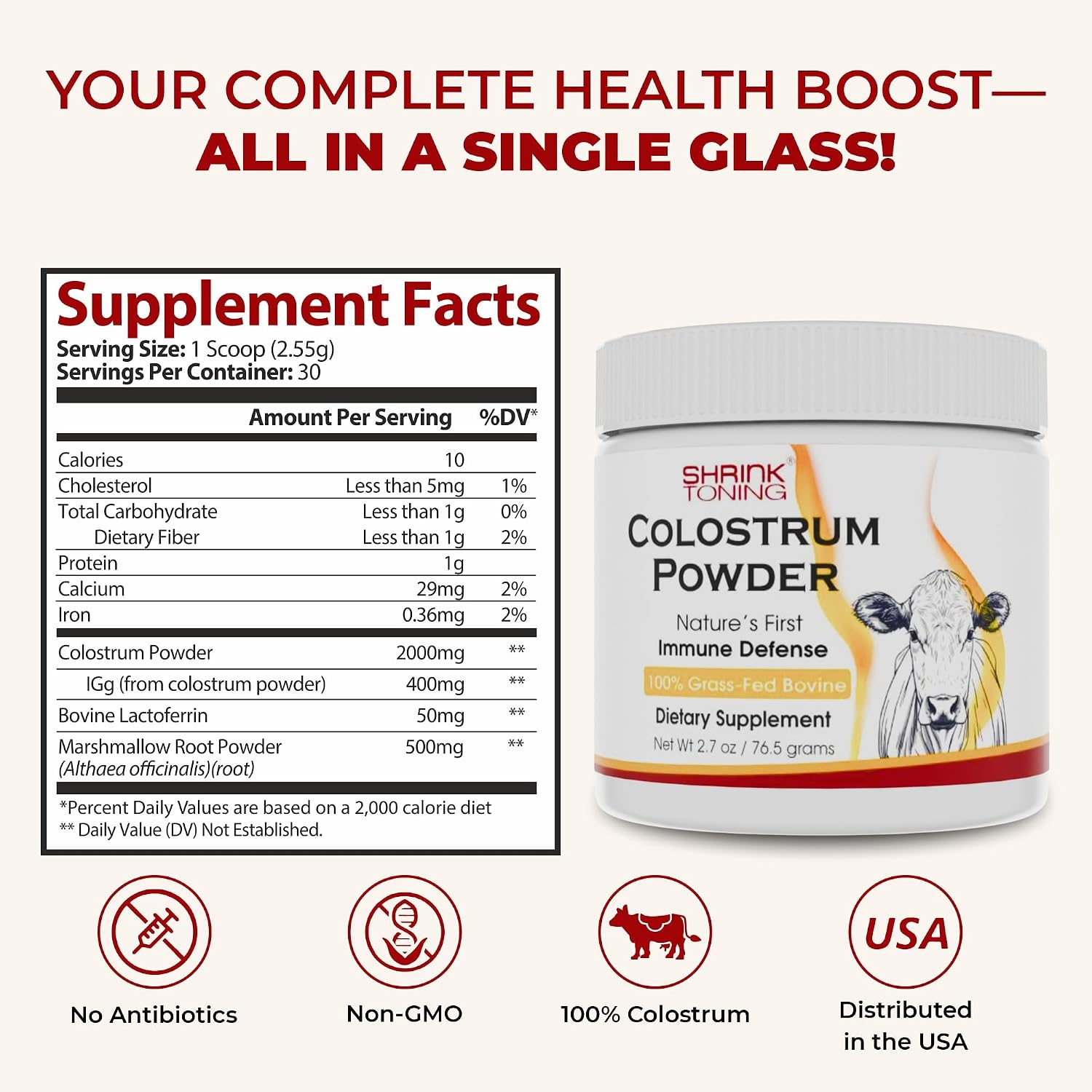 Shrink Calostro en Polvo 76.5g – Suplemento Natural de Calostro Bovino para la Salud General