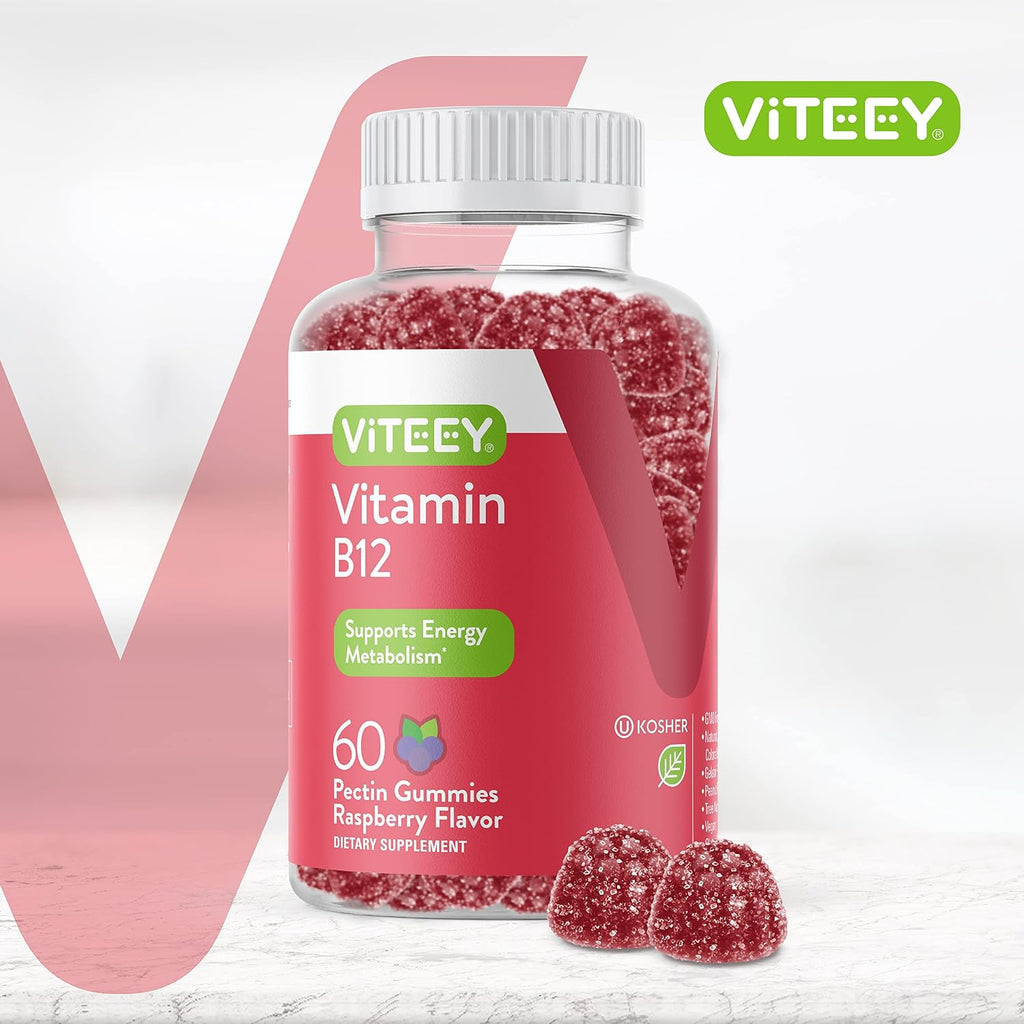 Viteey Vitamin B12 Gummies - 1000 mcg, 60 Gominolas Veganas sabor Frambuesa