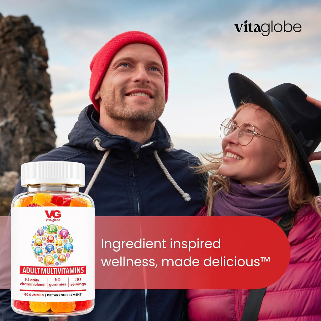 VITA GLOBE Multivitamin Gummies Adultos - 9 Vitaminas Esenciales con C, D, E, B6, B12, Folato y Biotina - Sabor Naranja, Melocotón y Fresa - 120 Gominolas (2 Envases de 60)