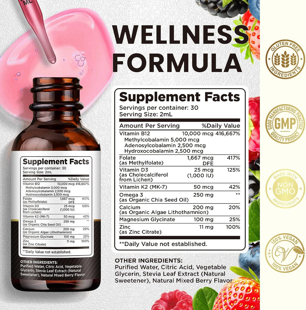 Complex Vitamina B12 10000 mcg | Gotas Sublinguales Veganas con Metilcobalamina, Adenosilcobalamina e Hidroxocobalamina | Sabor a Bayas Mixtas