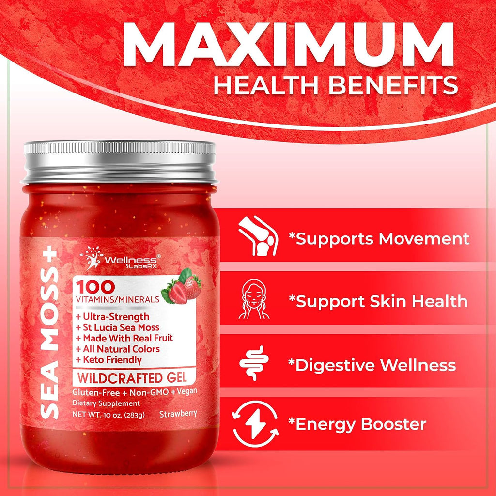 Gel de Sea Moss Silvestre con Sabor a Fresa - Superalimento Rico en Vitaminas y Minerales - Apoyo Inmunitario y Digestivo - 283 g