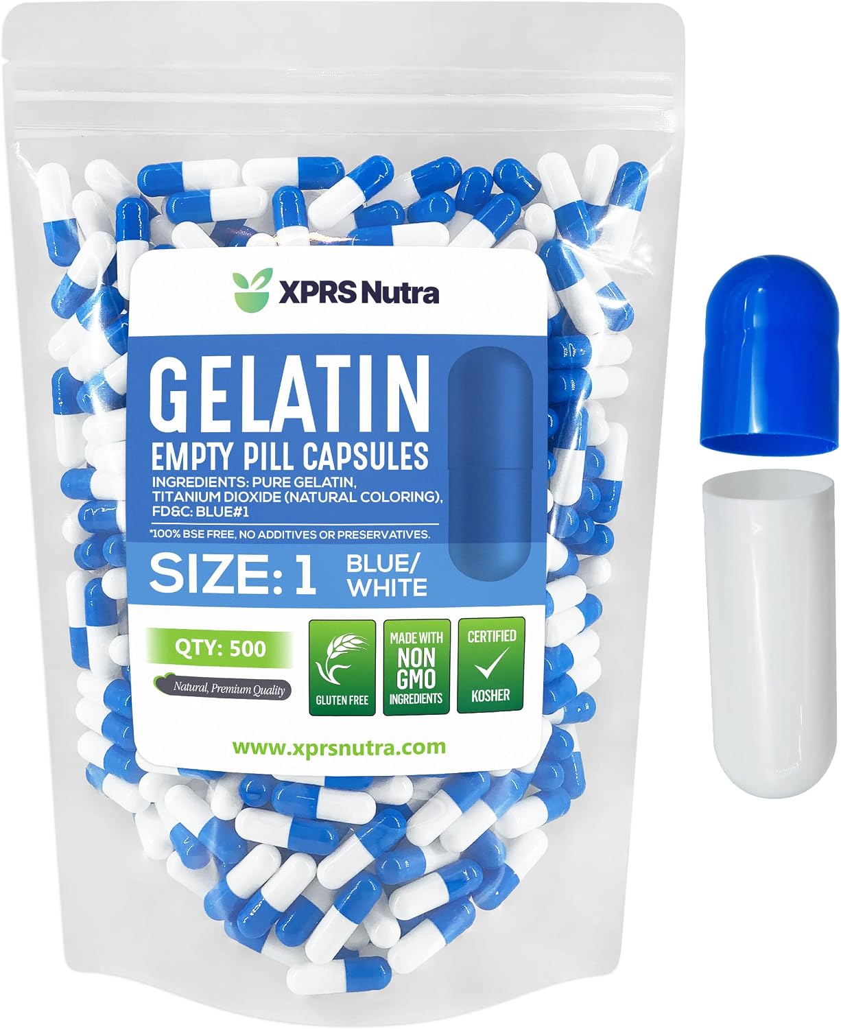XPRS Nutra Cápsulas Vacías Tamaño 1 - 500 uds - Cápsulas de Gelatina Bovina para Llenado DIY (Azul/Blanco)
