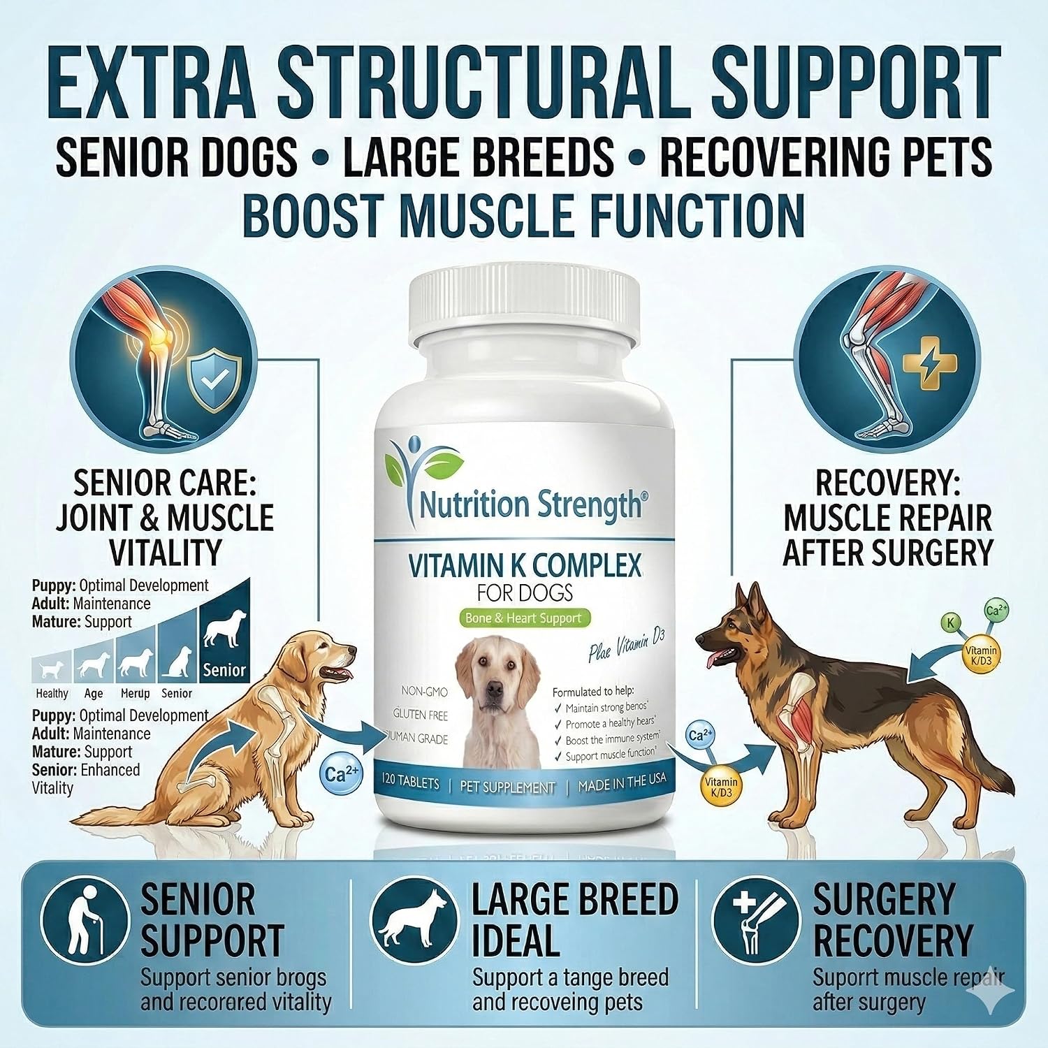 Complemento de vitamina K para perros - K1 y K2 (MK4 + MK7) + Vitamina D3 para la salud ósea, apoyo cardíaco y absorción de calcio - Fórmula avanzada para articulaciones fuertes, músculos y sistema inmunitario - 120 comprimidos