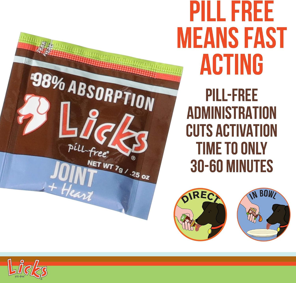 Licks Apoyo Articular y Cardíaco para Perros - MSM, Omega-3 y Vitamina E - Sobres de Gel sin Pastillas - Sabor Pollo - 30 Sobres
