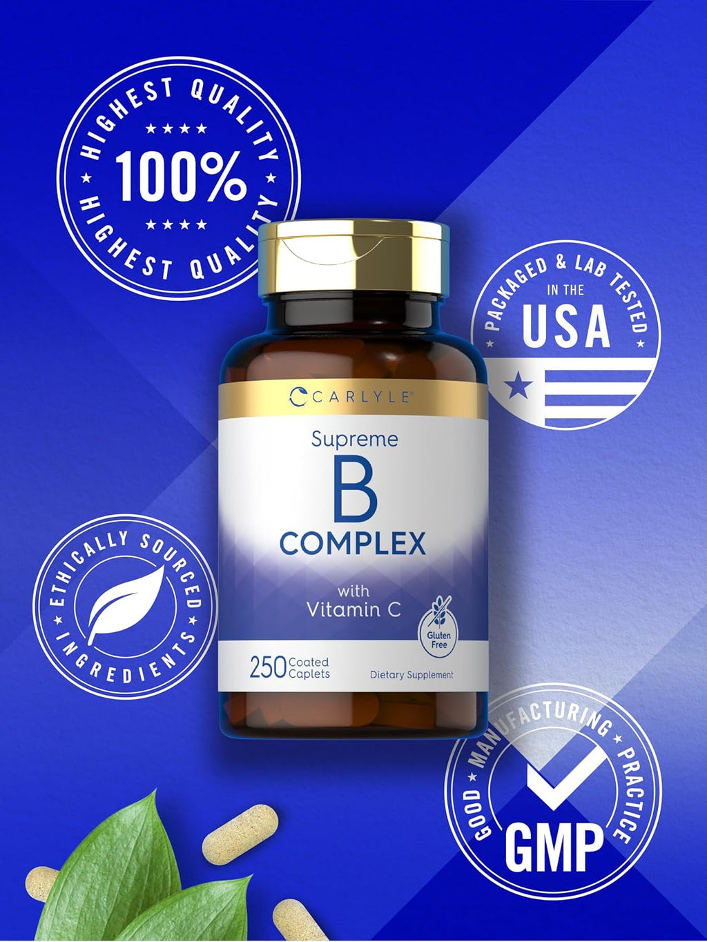Carlyle Complejo de Vitaminas B con Vitamina C | 250 Comprimidos | Suplemento para Mujeres y Hombres | Vegetariano, Sin OGM y Sin Gluten
