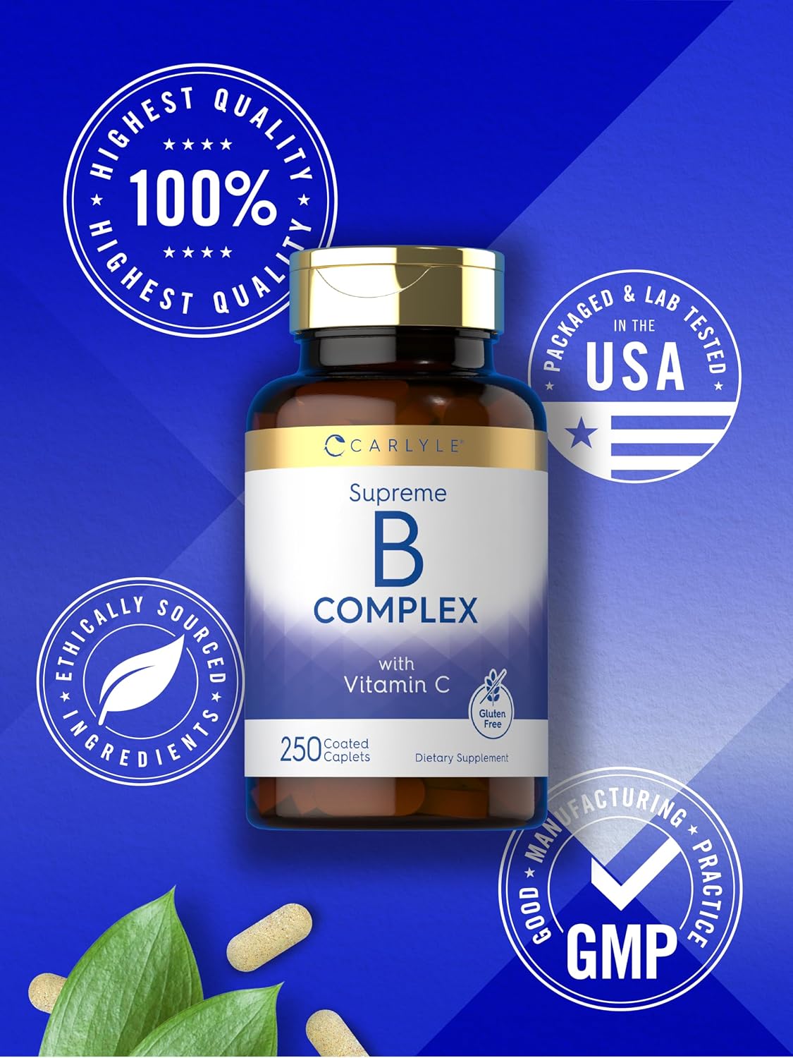 Carlyle Complejo de Vitaminas B con Vitamina C | 250 Comprimidos | Suplemento para Mujeres y Hombres | Vegetariano, Sin OGM y Sin Gluten