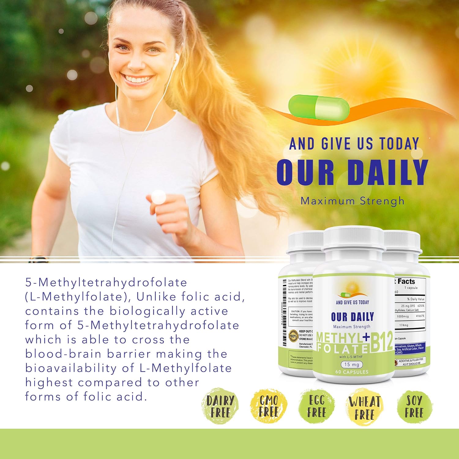 L-Metilfolato 15 mg + B12 (1000 mcg) - 60 Cápsulas - Metilado y Glicina