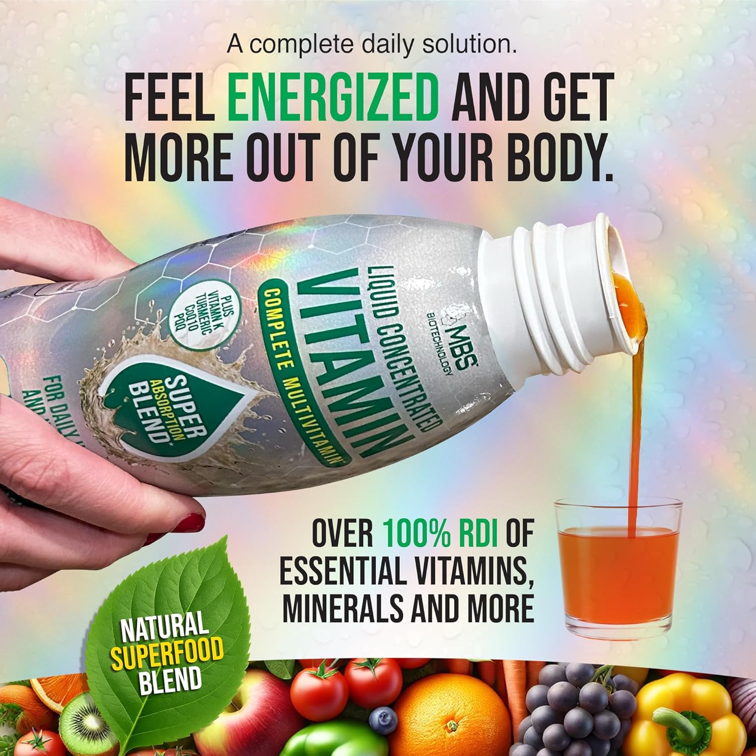 MBS Biotechnology Multivitamínico Líquido para Adultos – Complejo Diario con Superalimentos, CoQ10, Complejo B, Cúrcuma y PQQ – Sabor Berry, 500 ml