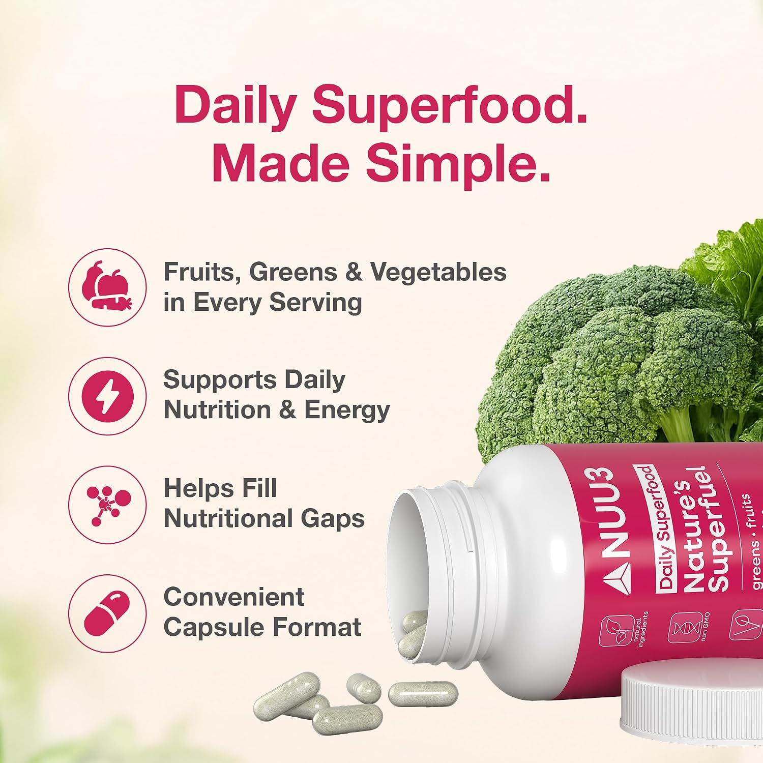 Nature’s Superfuel - Cápsulas de Frutas y Verduras para Hombres y Mujeres - Apoyo Nutricional para Inmunidad, Bienestar, Estilo de Vida Activo y Salud Digestiva - Vitaminas, Minerales y Antioxidantes - 120 Cápsulas
