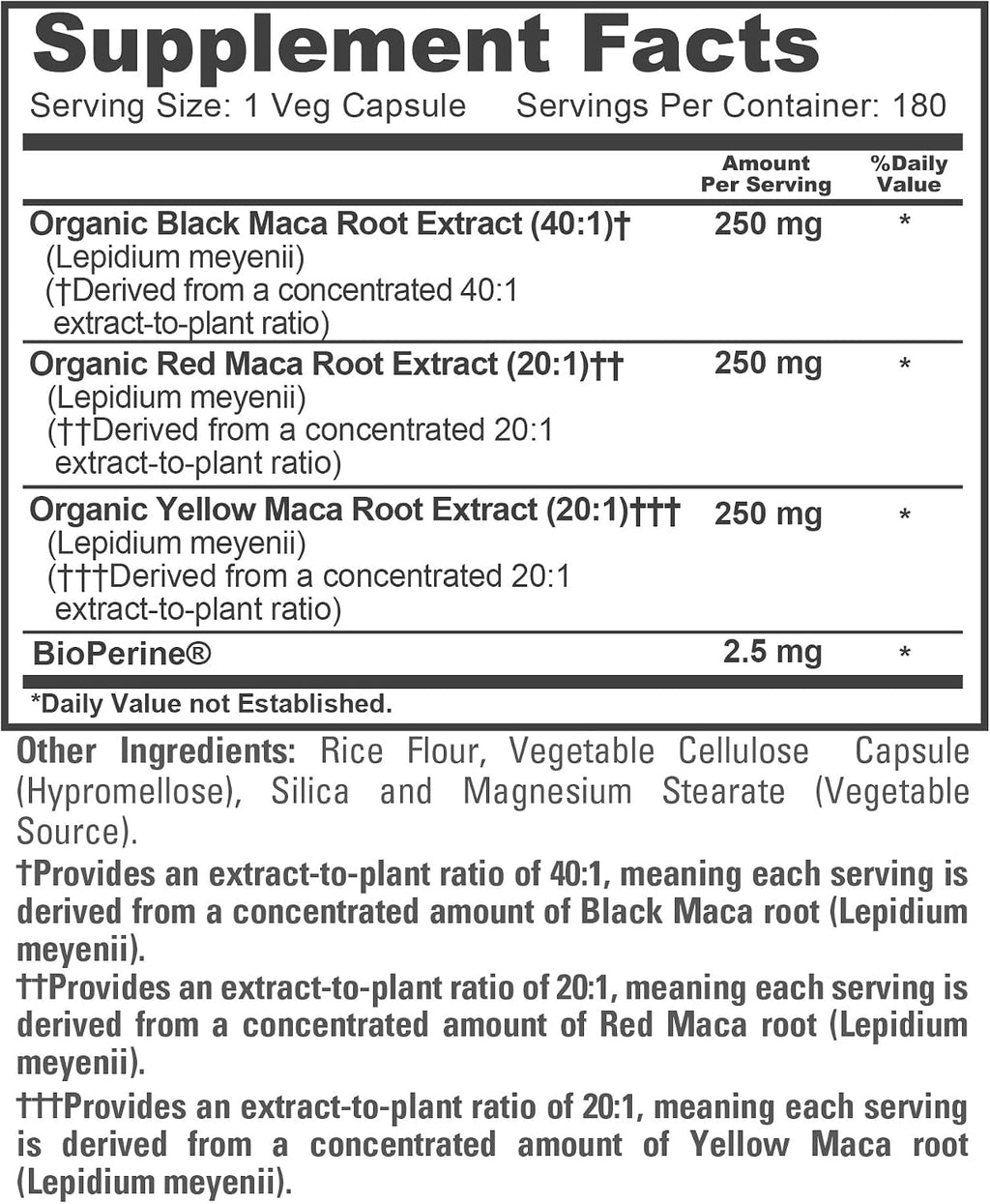 NusaPure Maca Root Negra, Roja y Amarilla - 180 Cápsulas Veganas (750 mg)