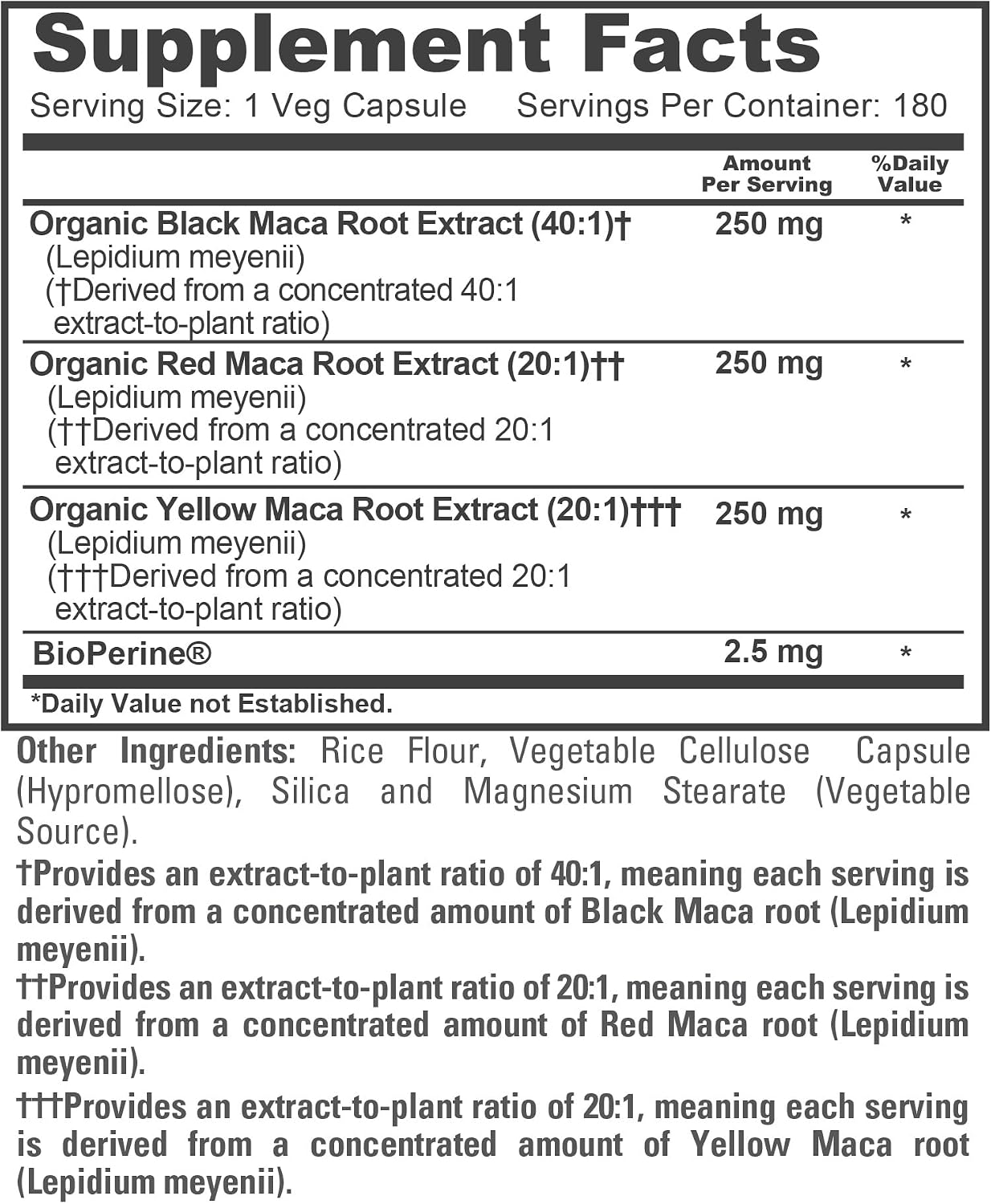 NusaPure Maca Root Negra, Roja y Amarilla - 180 Cápsulas Veganas (750 mg)