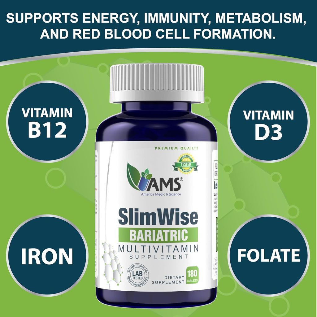 America Medic & Science SlimWise Bariatric Multivitamin 180 Caplets | 2 Meses de Suministro | Post Bypass Gástrico