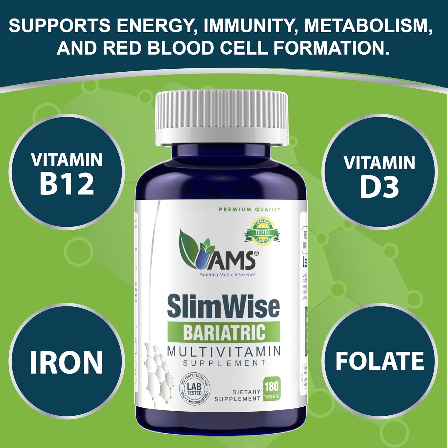 America Medic & Science SlimWise Bariatric Multivitamin 180 Caplets | 2 Meses de Suministro | Post Bypass Gástrico