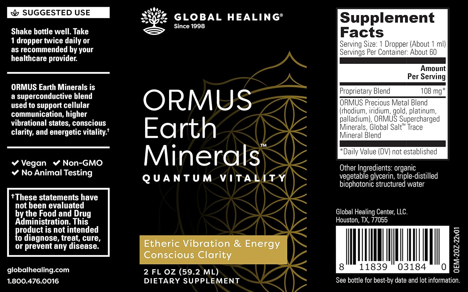 Global Healing Center ORMUS Earth Minerals - Mezcla Líquida de Oro, Platino e Iridio (60 ml)