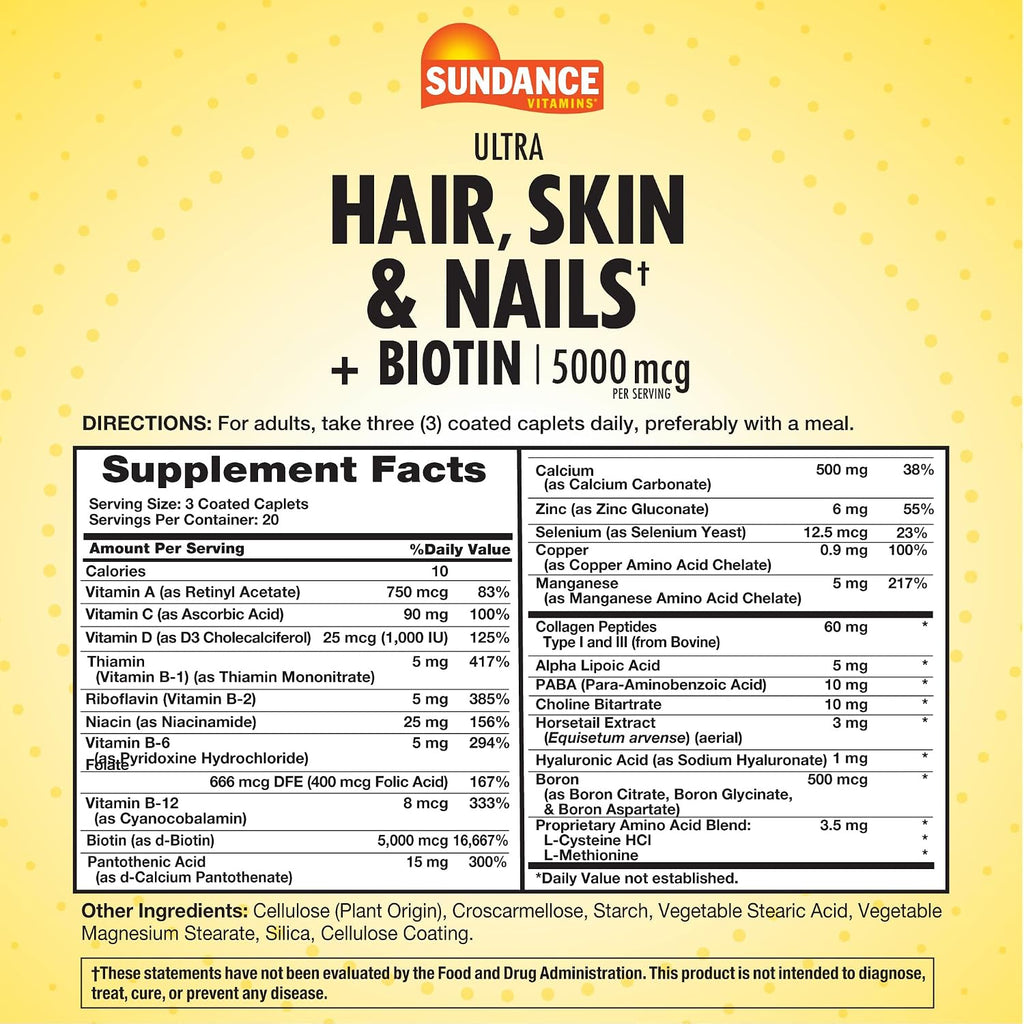Sundance Vitamins Hair, Skin & Nails - 5000mcg Biotin with Collagen - 60 Coated Caplets - Gluten-Free & Non-GMO