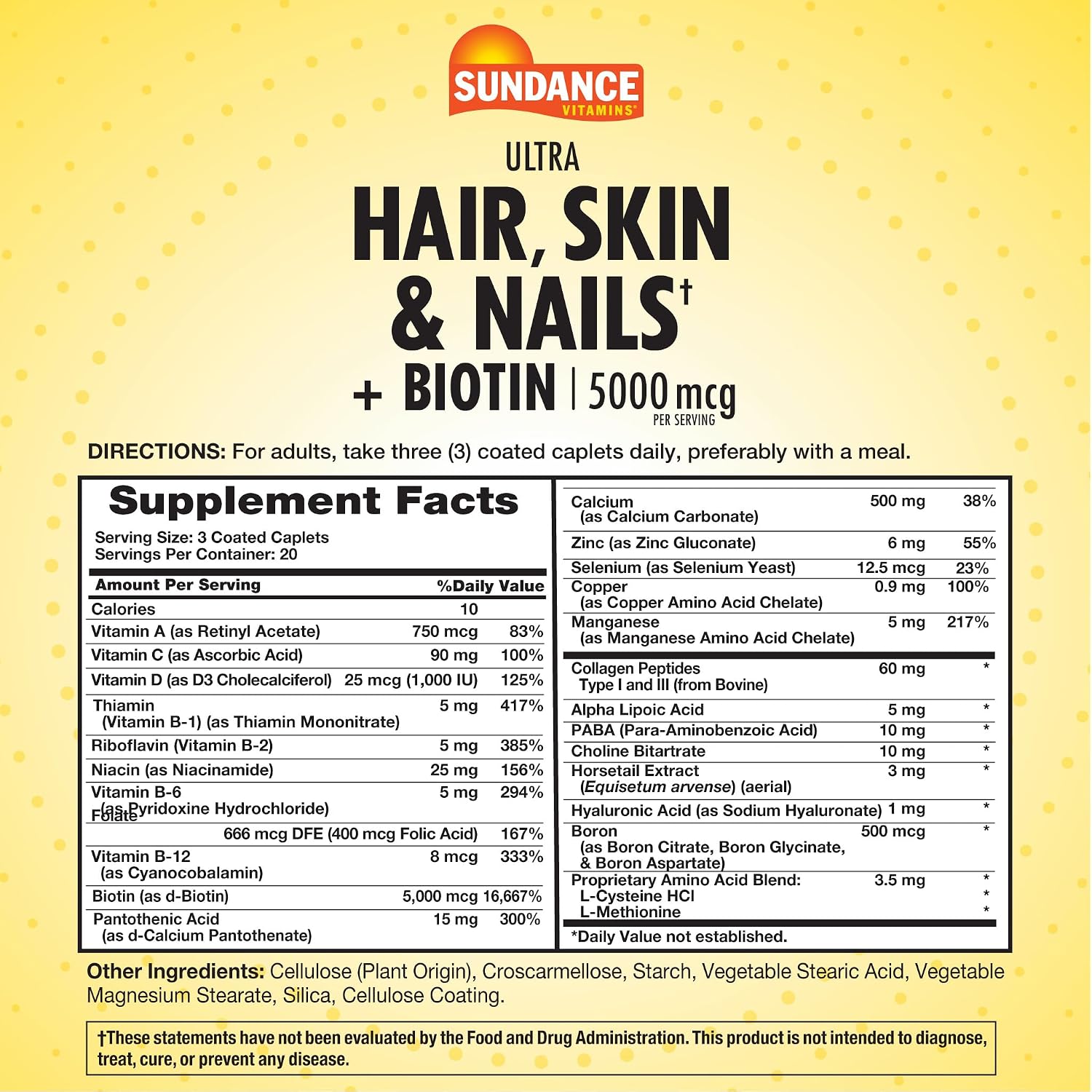 Sundance Vitamins Hair, Skin & Nails - 5000mcg Biotin with Collagen - 60 Coated Caplets - Gluten-Free & Non-GMO