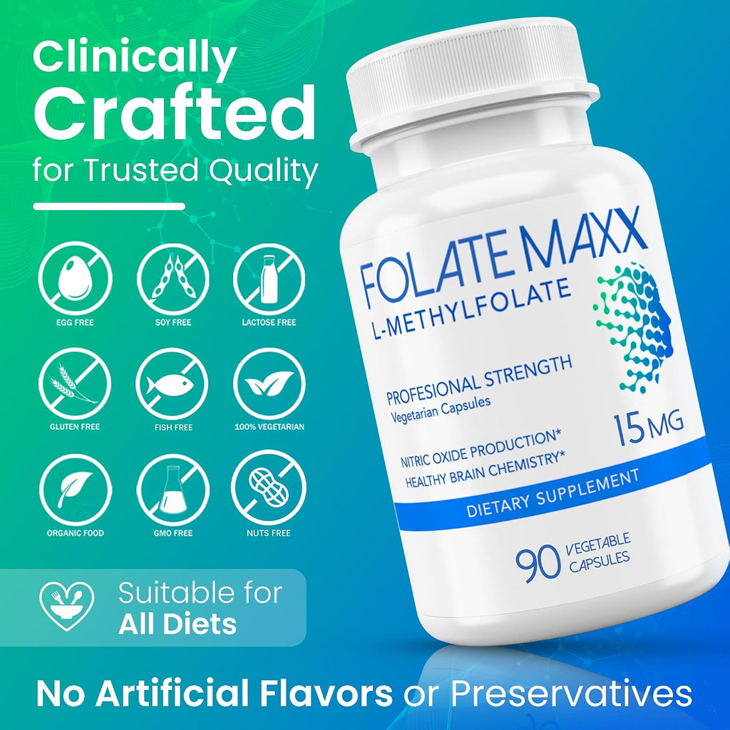 FolateMaxx L-Metilfolato 10mg, 90 Cápsulas - Suplemento de Metilfolato Activo para Hombres y Mujeres