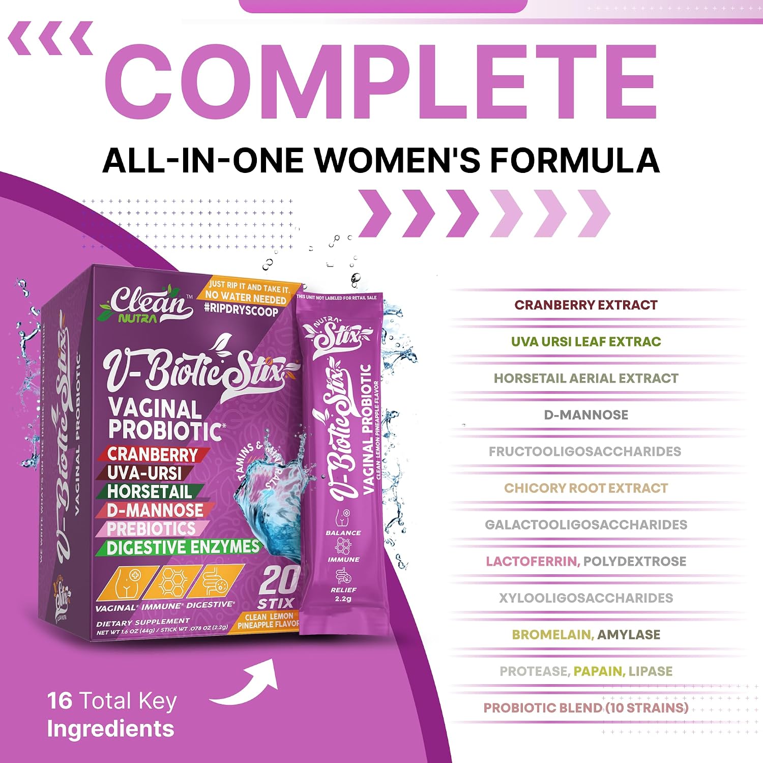 Clean Nutraceuticals Probióticos Vaginales para Mujeres con Extracto de Arándano, D-Manosa, Prebióticos, Equilibrio del pH, Salud Vaginal – Alternativa Probiótica Femenina a las Gominolas - 20 Sticks